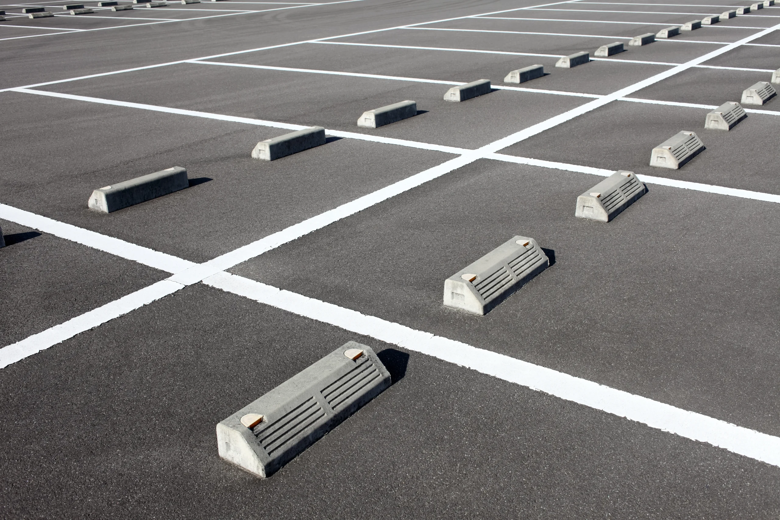 Empty parking lot with neatly arranged concrete wheel stops and white painted lines, creating a grid pattern on the asphalt surface. Bright sunny day.
